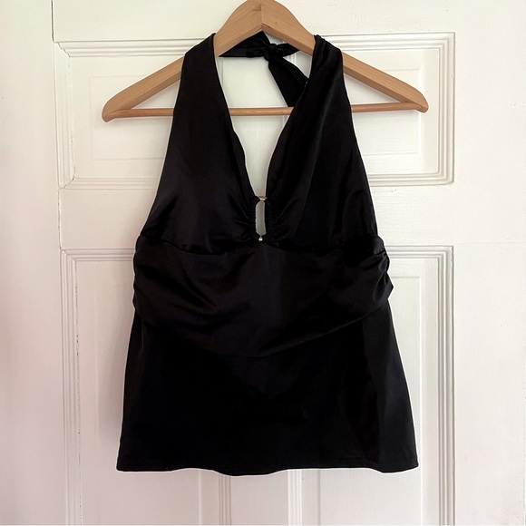 Land’s End Size 14 Black Swim Top Ruched Halter Tie-Neck V-Neck Keyhole Tankini - Picture 1 of 9